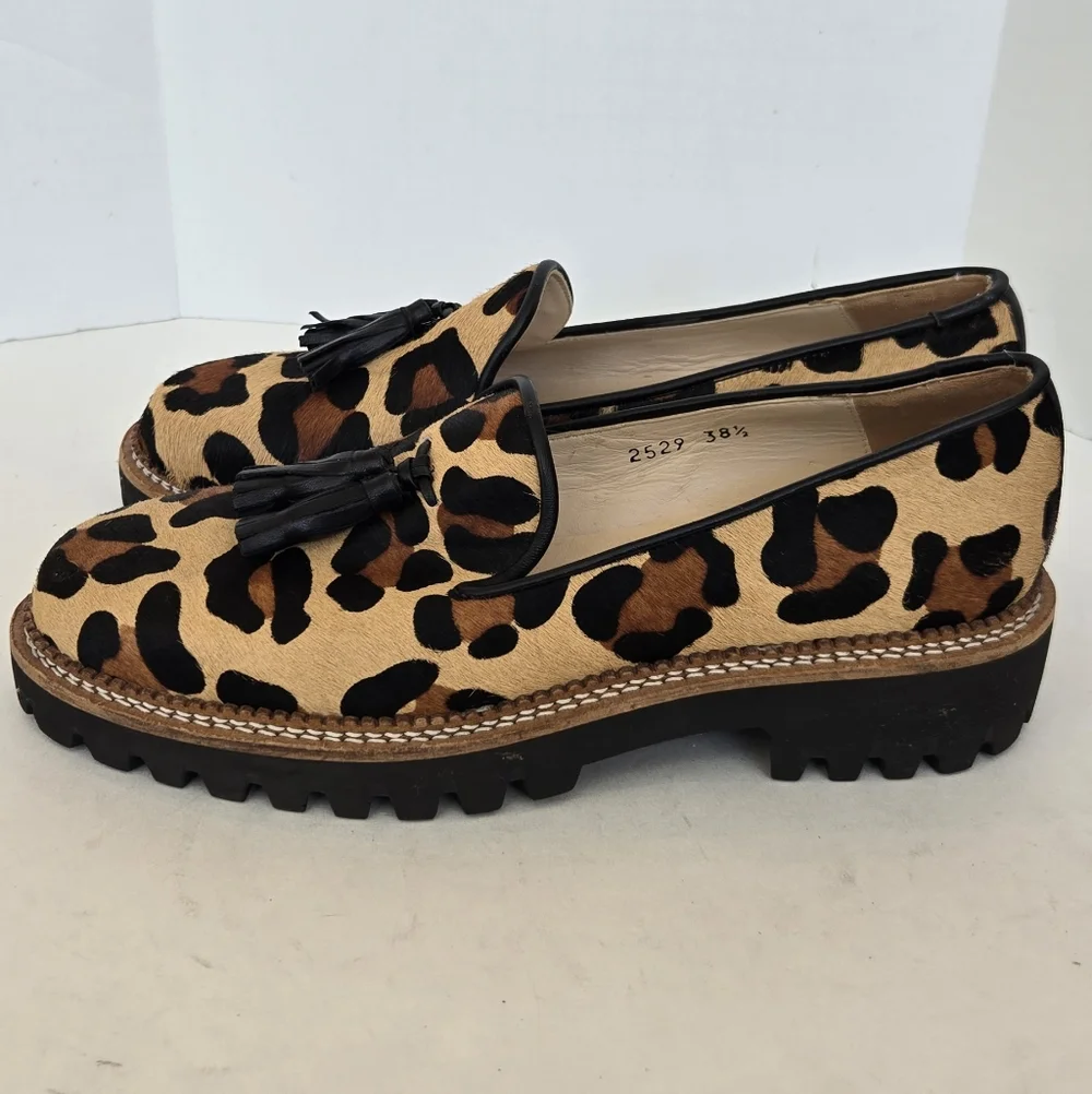 Jon Josef Leopard Print Calf Hair Tassel Loafers Lug Sole